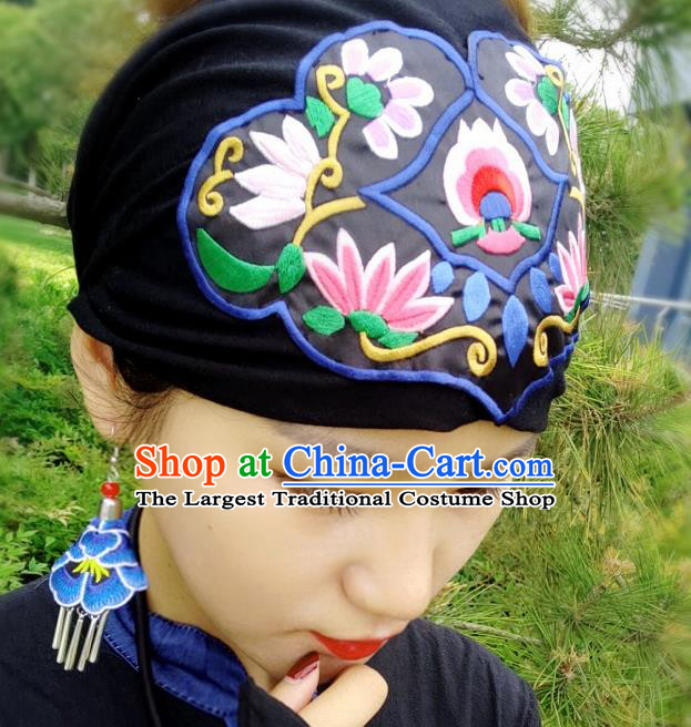 Chinese Traditional Ethnic Embroidered Lotus Blue Headband National Handmade Hair Clasp for Women