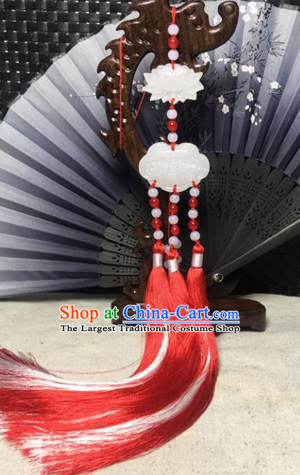 Traditional Chinese Hanfu Jade Carving Lotus Waist Accessories Palace Red Tassel Pendant Ancient Swordsman Brooch