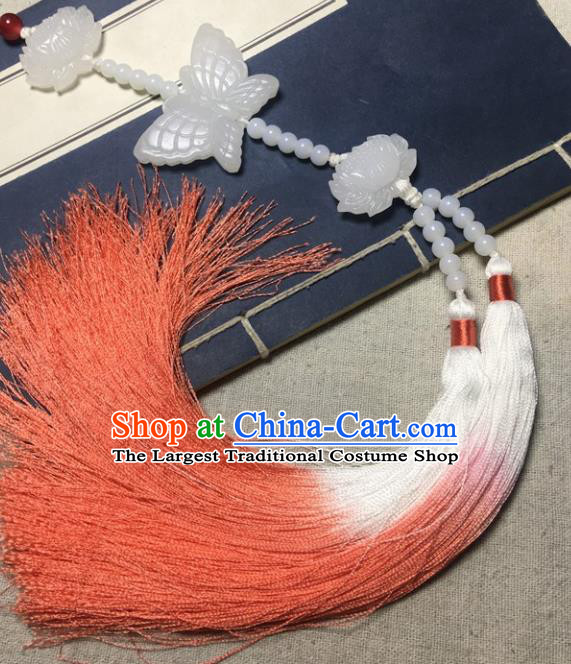 Traditional Chinese Hanfu Jade Carving Butterfly Lotus Waist Accessories Palace Orange Tassel Pendant Ancient Swordsman Brooch
