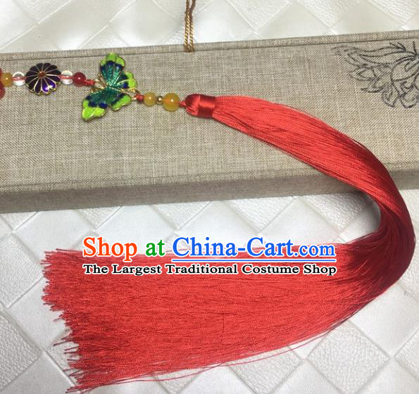 Chinese Traditional Handmade Cloisonne Butterfly Red Tassel Pendant Ancient Swordsman Waist Accessories