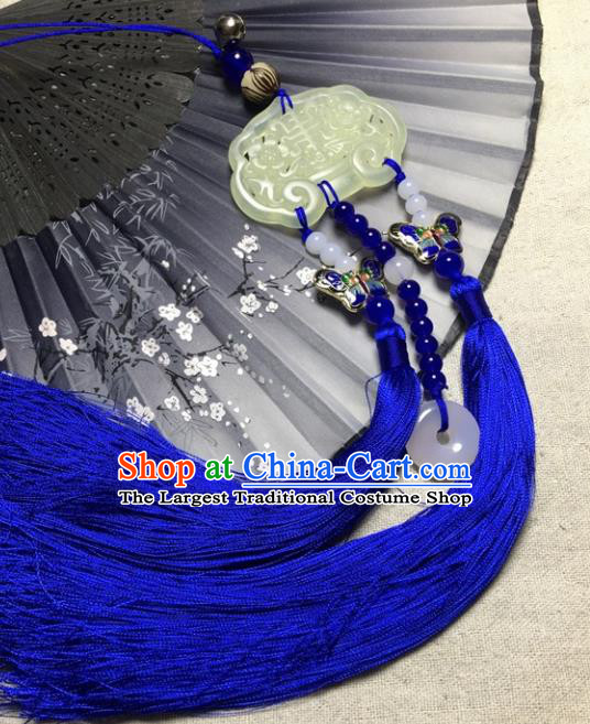 Traditional Chinese Hanfu Jade Carving Plum Lock Waist Accessories Palace Blue Tassel Pendant Ancient Swordsman Brooch