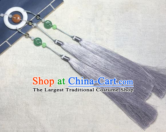 Traditional Chinese Hanfu Jade Carving Buddhist Mantra Waist Accessories Palace Grey Tassel Pendant Ancient Swordsman Brooch