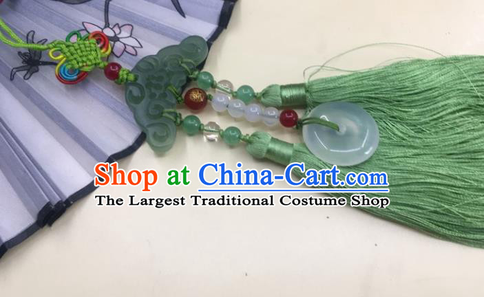 Traditional Chinese Hanfu Jade Carving Cloud Waist Accessories Palace Green Tassel Pendant Ancient Swordsman Brooch