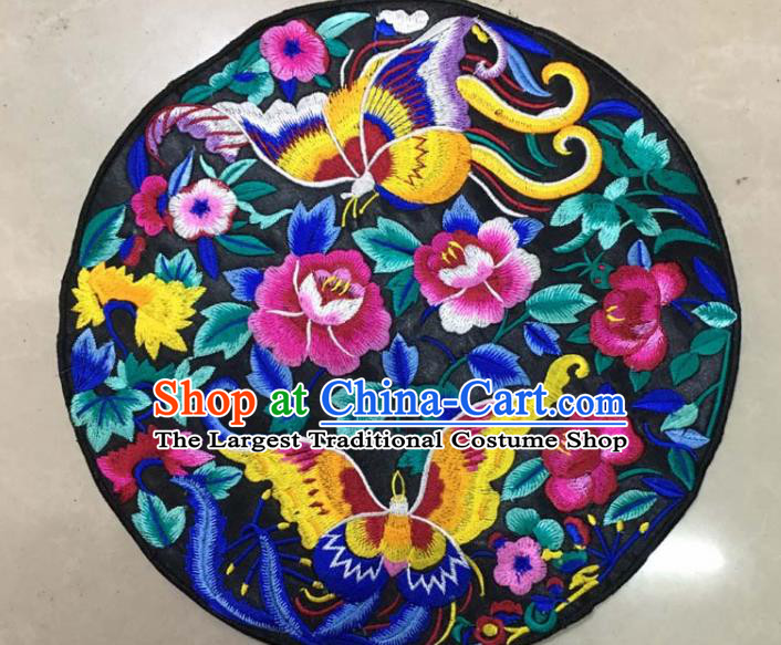 Chinese Traditional National Embroidered Butterfly Peony Black Applique Dress Patch Embroidery Cloth Accessories