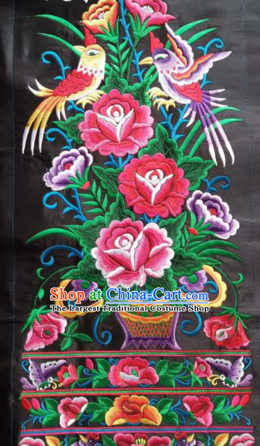 Chinese Traditional Embroidered Flowers Birds Black Applique National Dress Patch Embroidery Cloth Accessories