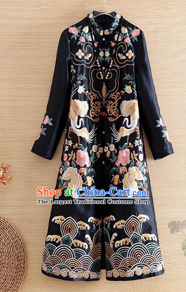 Chinese Traditional Tang Suit Embroidered Black Coat National Costume Qipao Outer Garment for Women