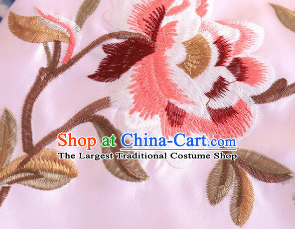 Chinese Traditional Tang Suit Embroidered Peony Pink Shirt National Costume Qipao Upper Outer Garment for Women