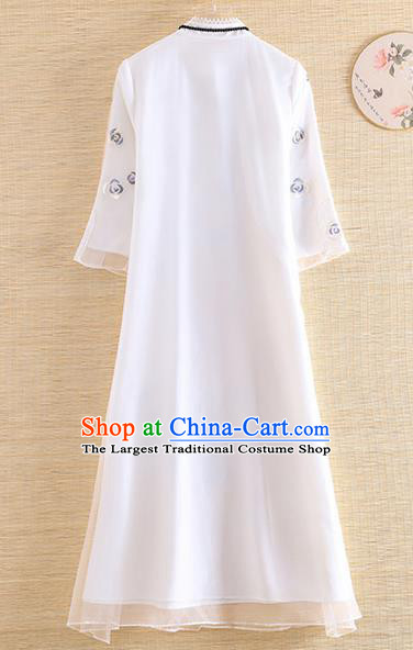 Chinese Traditional Tang Suit Embroidered White Organza Cheongsam National Costume Qipao Dress for Women
