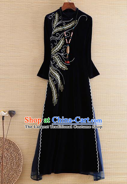 Chinese Traditional Tang Suit Embroidered Navy Velvet Cheongsam National Costume Qipao Dress for Women