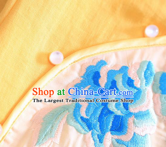 Chinese Traditional Tang Suit Embroidered Peony Yellow Cheongsam National Costume Qipao Dress for Women