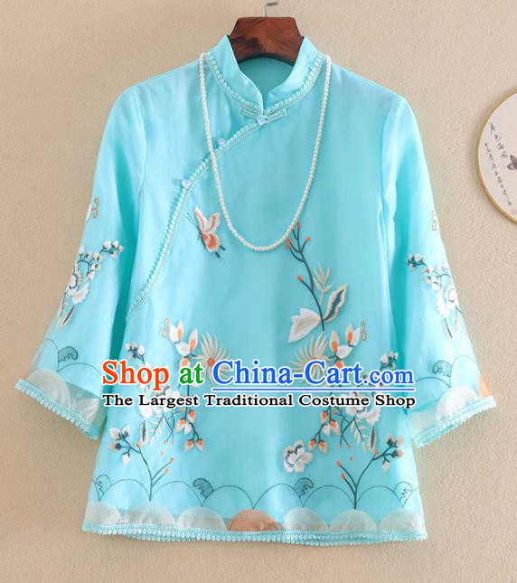 Chinese Traditional Tang Suit Embroidered Chrysanthemum Blue Shirt National Costume Qipao Upper Outer Garment for Women