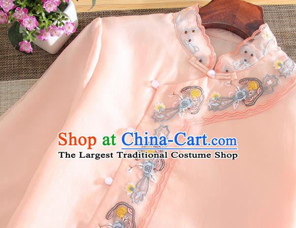 Chinese Traditional Tang Suit Embroidered Pink Organza Cheongsam National Costume Qipao Dress for Women