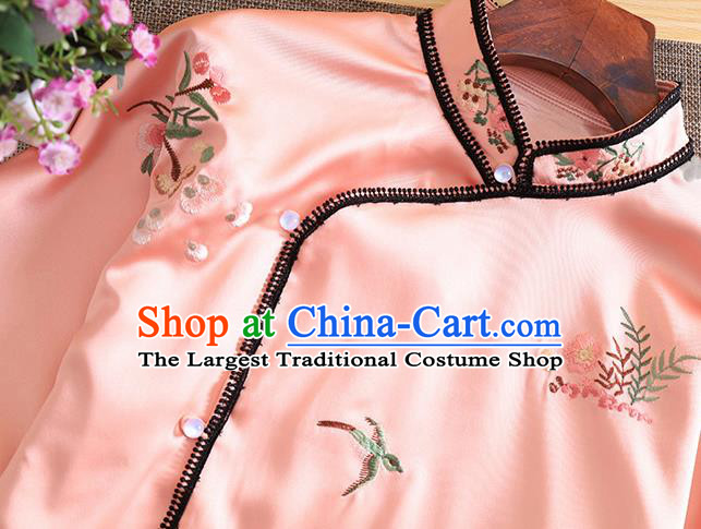 Chinese Traditional Tang Suit Embroidered Pink Shirt National Costume Qipao Upper Outer Garment for Women