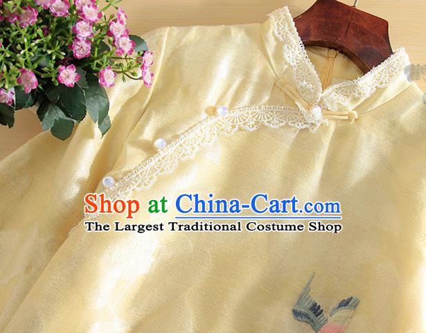 Chinese Traditional Tang Suit Embroidered Lotus Yellow Cheongsam National Costume Qipao Dress for Women