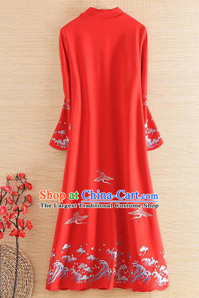 Chinese Traditional Red Cheongsam National Costume Embroidered Qipao Dress for Women