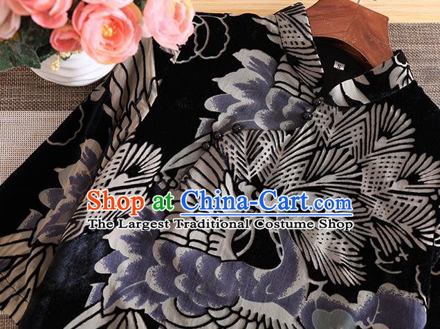 Chinese Traditional Printing Crane Pine Black Cheongsam National Costume Qipao Dress for Women