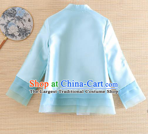 Chinese Traditional Embroidered Blue Jacket National Costume Qipao Upper Outer Garment for Women