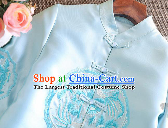 Chinese Traditional Embroidered Blue Jacket National Costume Qipao Upper Outer Garment for Women