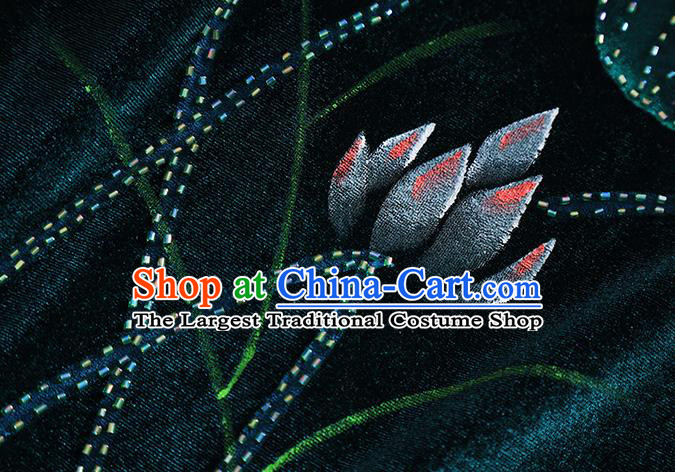 Chinese Traditional Printing Lotus Green Velvet Cheongsam National Costume Qipao Dress for Women