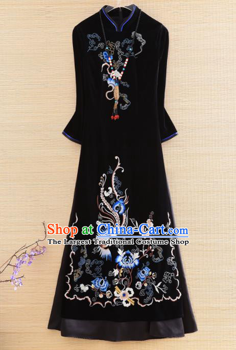 Chinese Traditional Embroidered Black Cheongsam National Costume Qipao Dress for Women