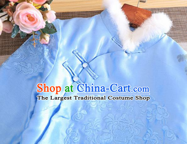 Chinese Traditional Embroidered Light Blue Quilted Jacket National Costume Qipao Upper Outer Garment for Women