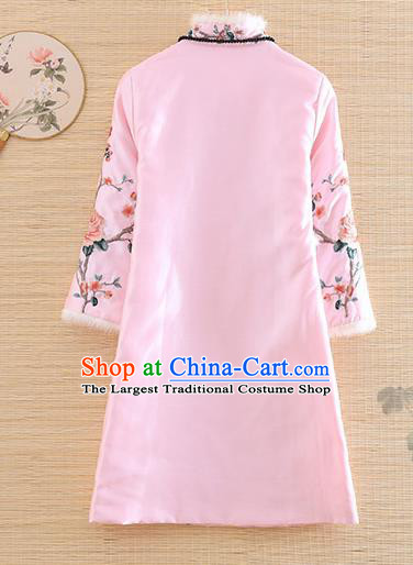 Chinese Traditional Tang Suit Embroidered Pink Cotton Padded Coat National Costume Qipao Upper Outer Garment for Women