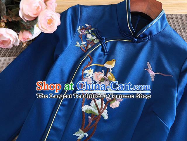 Chinese Traditional Embroidered Peony Royalblue Cheongsam National Costume Qipao Dress for Women