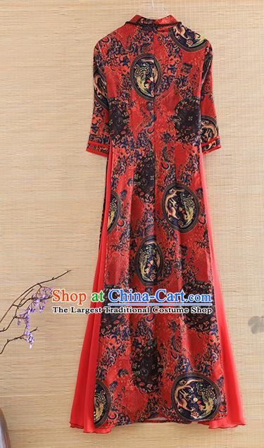 Chinese Traditional Tang Suit Printing Red Cheongsam National Costume Qipao Dress for Women