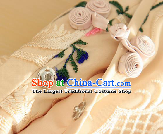 Chinese Traditional Tang Suit Embroidered Beige Shirt National Costume Qipao Upper Outer Garment for Women