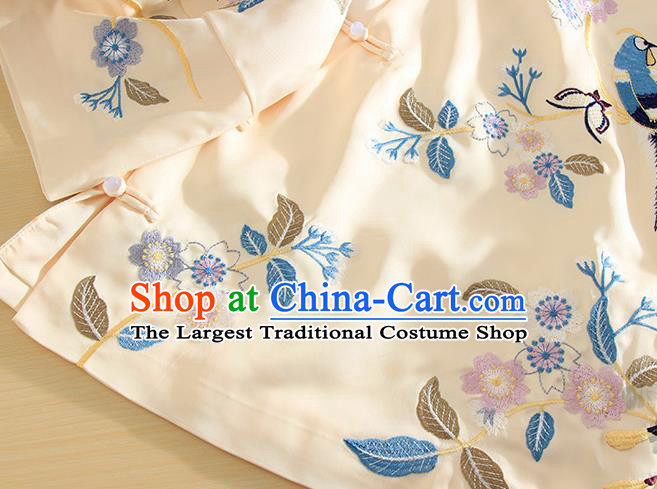 Chinese Traditional Tang Suit Embroidered Beige Shirt National Costume Qipao Upper Outer Garment for Women