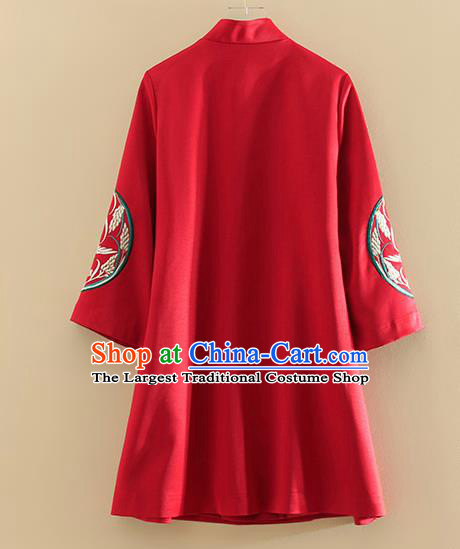 Chinese Traditional Tang Suit Embroidered Red Cotton Wadded Jacket National Costume Qipao Upper Outer Garment for Women