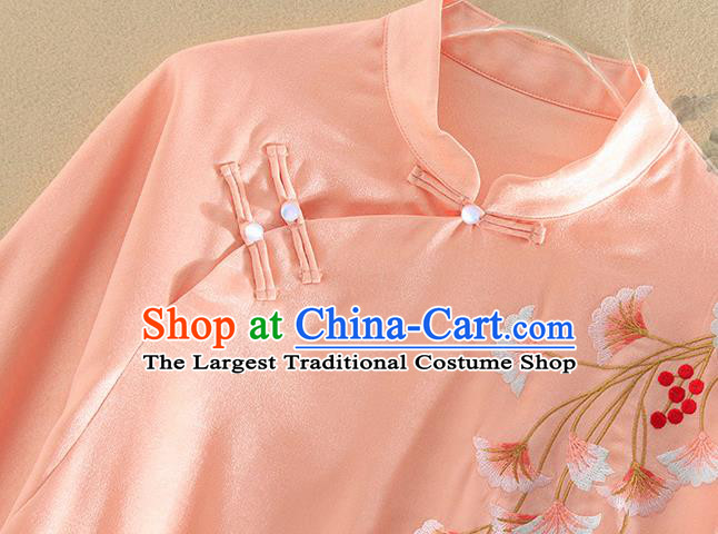 Chinese Traditional Tang Suit Embroidered Ginkgo Leaf Pink Shirt National Costume Qipao Upper Outer Garment for Women