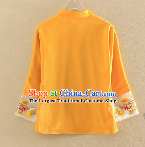 Chinese Traditional Tang Suit Embroidered Ginkgo Leaf Yellow Shirt National Costume Qipao Upper Outer Garment for Women