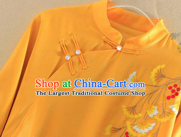 Chinese Traditional Tang Suit Embroidered Ginkgo Leaf Yellow Shirt National Costume Qipao Upper Outer Garment for Women
