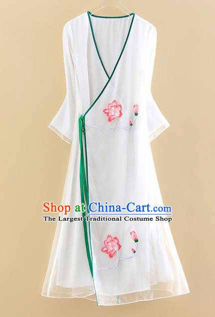 Chinese Traditional Tang Suit Embroidered Lotus White Organza Cheongsam National Costume Qipao Dress for Women