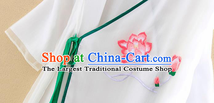 Chinese Traditional Tang Suit Embroidered Lotus White Organza Cheongsam National Costume Qipao Dress for Women