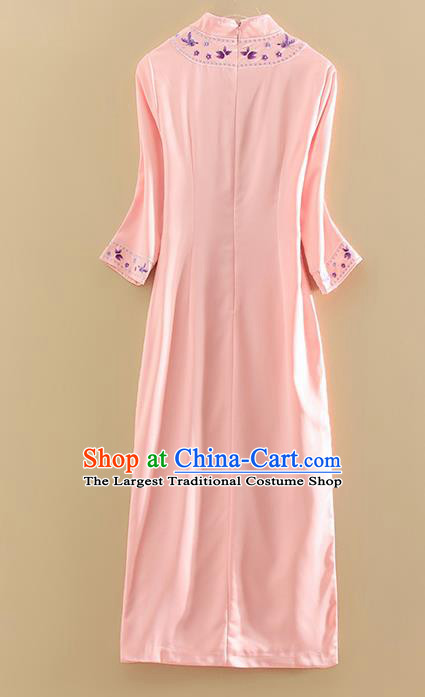 Chinese Traditional Tang Suit Embroidered Butterfly Pink Cheongsam National Costume Qipao Dress for Women