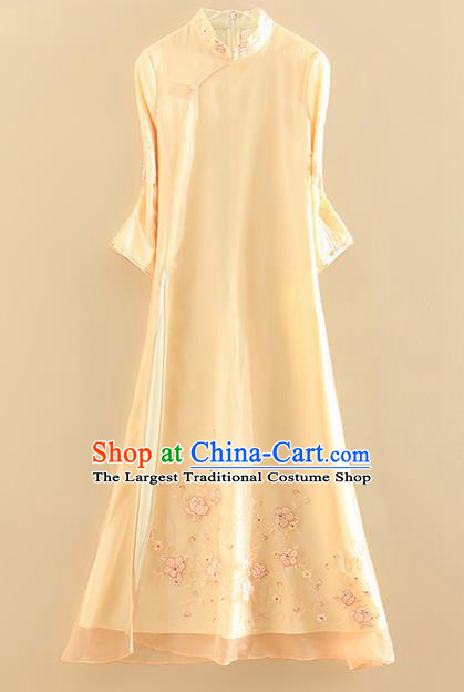 Chinese Traditional Tang Suit Embroidered Roses Orange Cheongsam National Costume Qipao Dress for Women