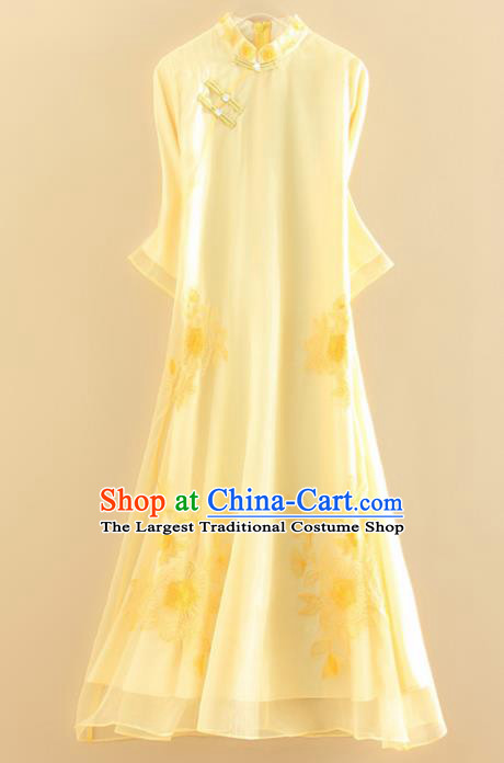 Chinese Traditional Tang Suit Embroidered Flowers Yellow Cheongsam National Costume Qipao Dress for Women