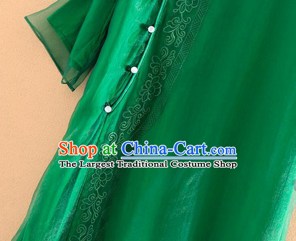 Chinese Traditional Tang Suit Embroidered Green Organza Cheongsam National Costume Qipao Dress for Women