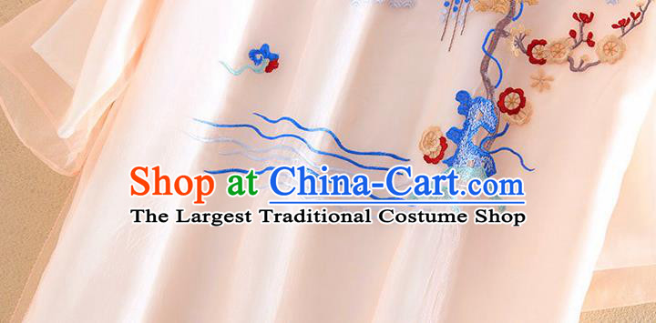 Chinese Traditional Tang Suit Embroidered Crane Pine Plum Pink Cheongsam National Costume Qipao Dress for Women