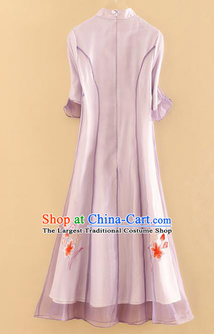 Chinese Traditional Tang Suit Embroidered Lotus Purple Cheongsam National Costume Qipao Dress for Women