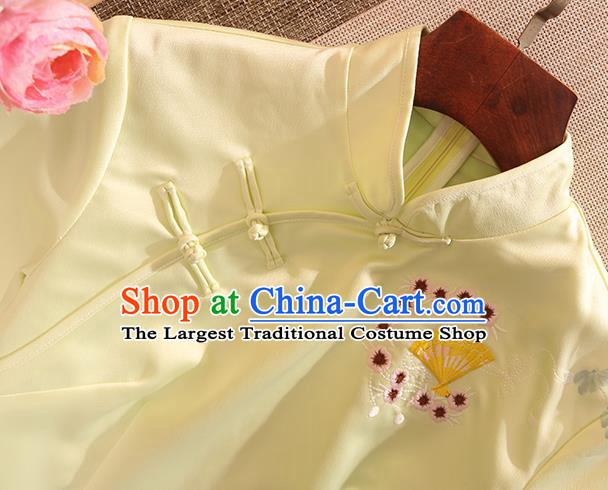 Chinese Traditional Tang Suit Embroidered Yellow Lace Cheongsam National Costume Qipao Dress for Women