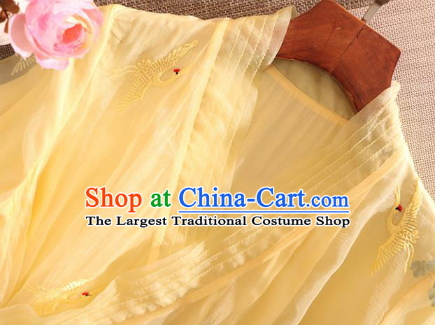 Chinese Traditional Tang Suit Embroidered Crane Yellow Organza Cheongsam National Costume Qipao Dress for Women