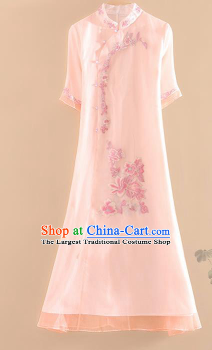 Chinese Traditional Tang Suit Embroidered Light Pink Cheongsam National Costume Qipao Dress for Women