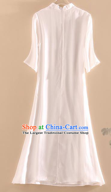 Chinese Traditional Tang Suit Embroidered Lily Flowers White Organza Cheongsam National Costume Qipao Dress for Women