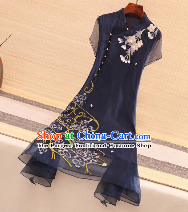 Chinese Traditional Tang Suit Embroidered Navy Organza Cheongsam National Costume Qipao Dress for Women