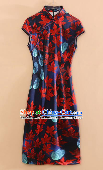 Chinese Traditional Tang Suit Printing Maple Leaf Navy Cheongsam National Costume Qipao Dress for Women