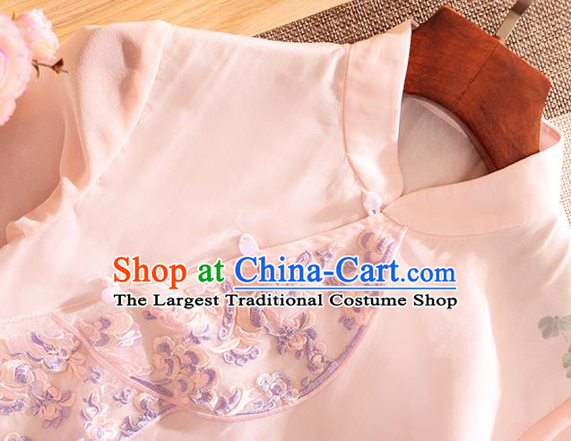 Traditional Chinese Tang Suit Embroidered Pink Cheongsam National Costume Qipao Dress for Women