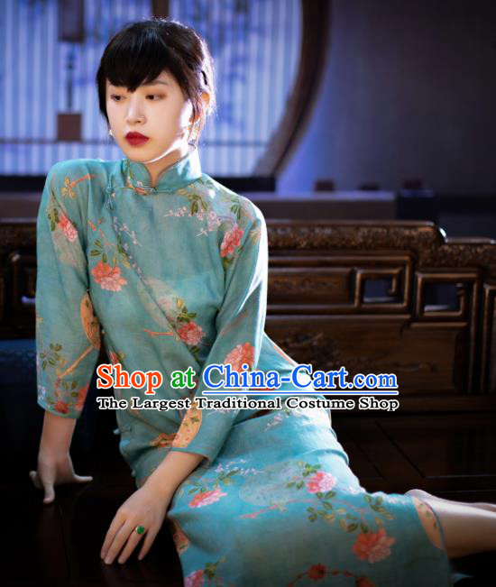 Traditional Chinese National Printing Blue Flax Qipao Dress Tang Suit Cheongsam Costume for Women